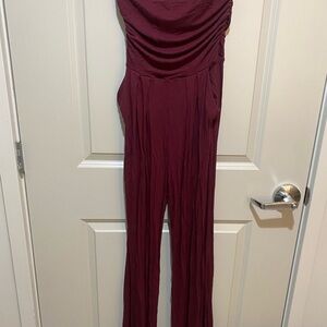 a'gaci Red Strapless Jumpsuit with Sweetheart Neckline and Fitted Waist